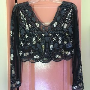 NWOT cropped long sleeve beaded and sequin top